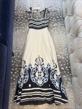 Striped Black & White Tie-Shoulder Maxi Dress with Border Print
